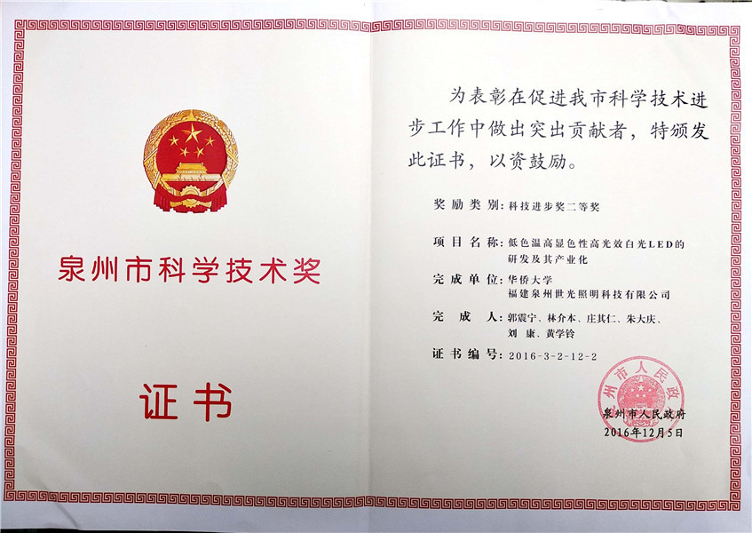 SIGOLED ganó el premio de ciencia y tecnología de quanzhou 2016
